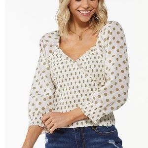 Smocked Polka Dot Top - Size L - sage green